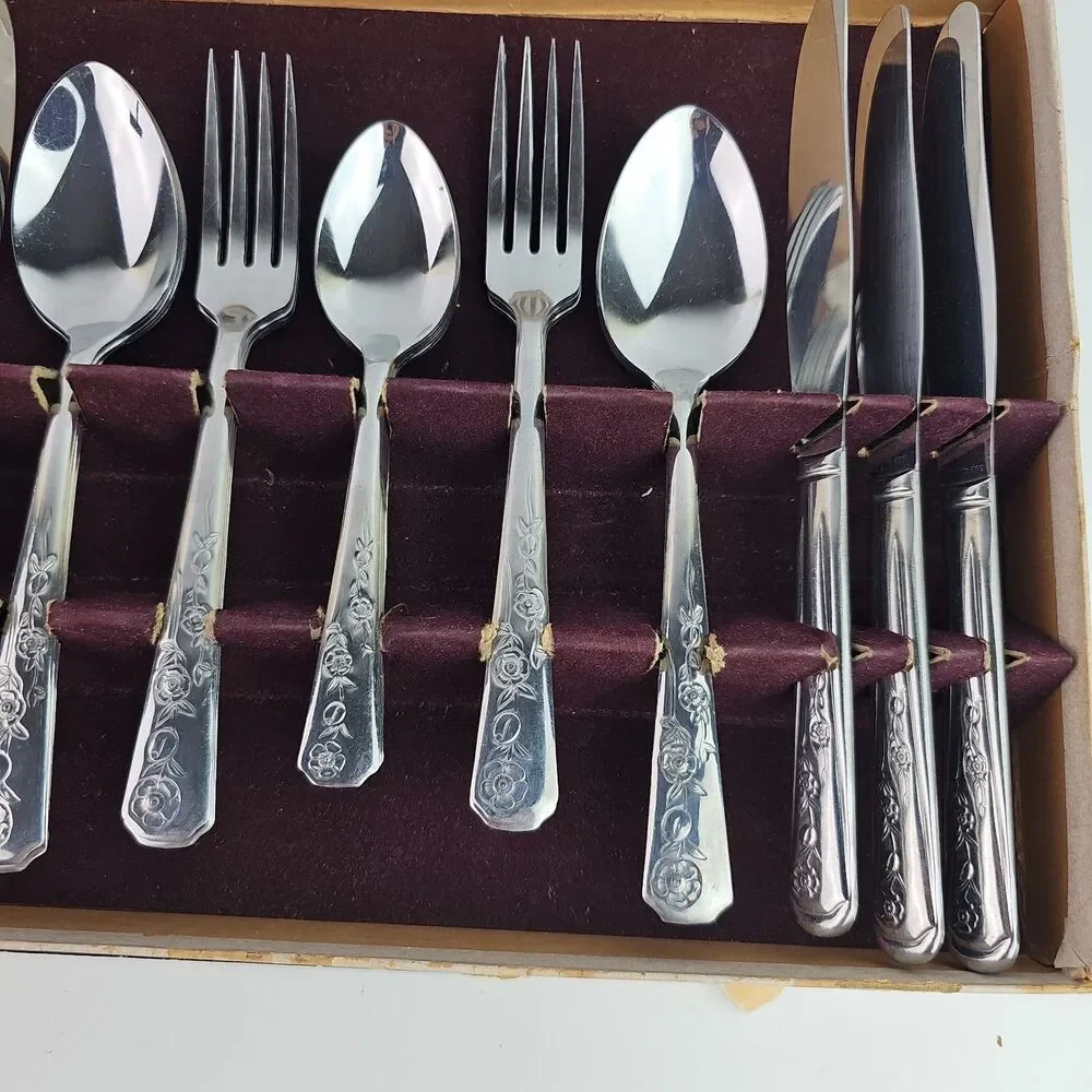 1950s Stainless Flatware Service For 6 By Majestic With Box Floral Pattern